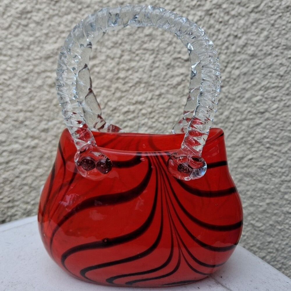 ART GLASS PURSE HANDBAG VASE ORANGE BLACK STRIPE/LACE HAND BLOWN 8x6